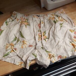 Linen Floral Beach Boho Shorts Tan Orange Pink